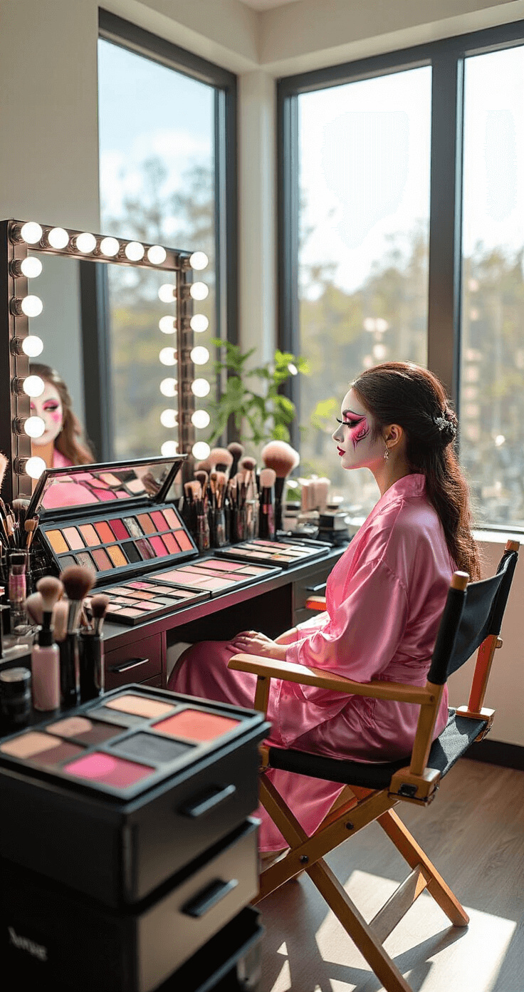 The Ultimate Guide to Cosplay Makeup: Transform Into Your Favorite Characters A bright makeup studio with natural morning light, featuring a professional makeup station with high-end cosmetics. A cosplayer in a pink silk robe sits in a director's chair as a makeup artist applies intricate anime-style face paint. The scene highlights precision brushes, illuminated mirrors, and various styles of false eyelashes.