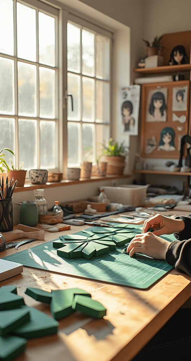 Your Ultimate Guide to 2025 Cosplay Trends: From Closet to Convention-Ready A bright cosplay workshop filled with warm light, showcasing a crafting table with EVA foam, cutting mats, and tools, as hands work on black and green geometric patterns for Demon Slayer armor. Organized shelves of wigs and fabric rolls are in the background, along with reference images pinned to cork boards.