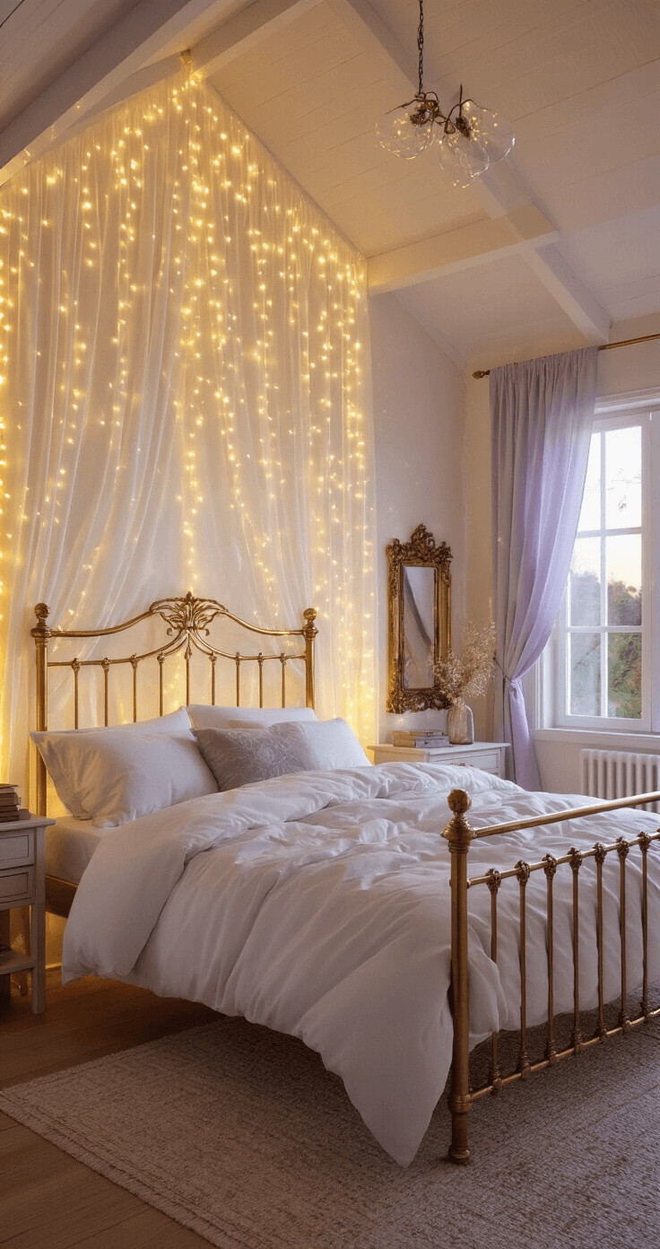 Magical DIY Fairy Lights: Transform Your Space with Enchanting Illumination A dreamy bedroom sanctuary at dusk featuring a vintage brass bed with cloud-white linens, fairy light curtains, and warm LED constellation patterns, all illuminated by golden hour light filtering through sheer lavender curtains at French windows. An antique mirror reflects soft light, creating an ethereal atmosphere captured from bed-height with a subtle bokeh effect.