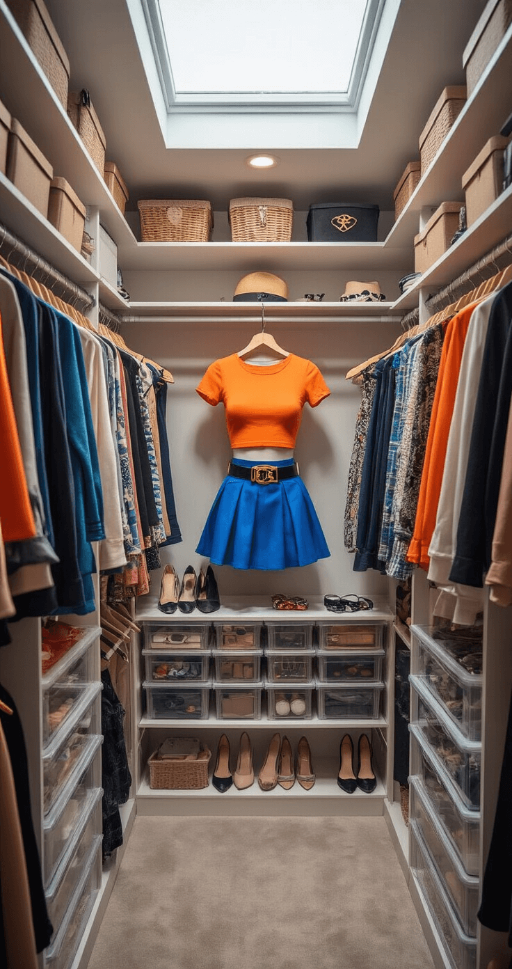 A stylish walk-in closet featuring an organized cosplay wardrobe with orange crop tops, blue skirts, character belts, wigs, and temporary tattoos, all artfully arranged by color and category. Soft ambient lighting and natural light from a skylight highlight the textures of the materials. Accessories are neatly displayed in clear containers and jewelry boxes, accompanied by price tags and styling notes for practical costume planning.
