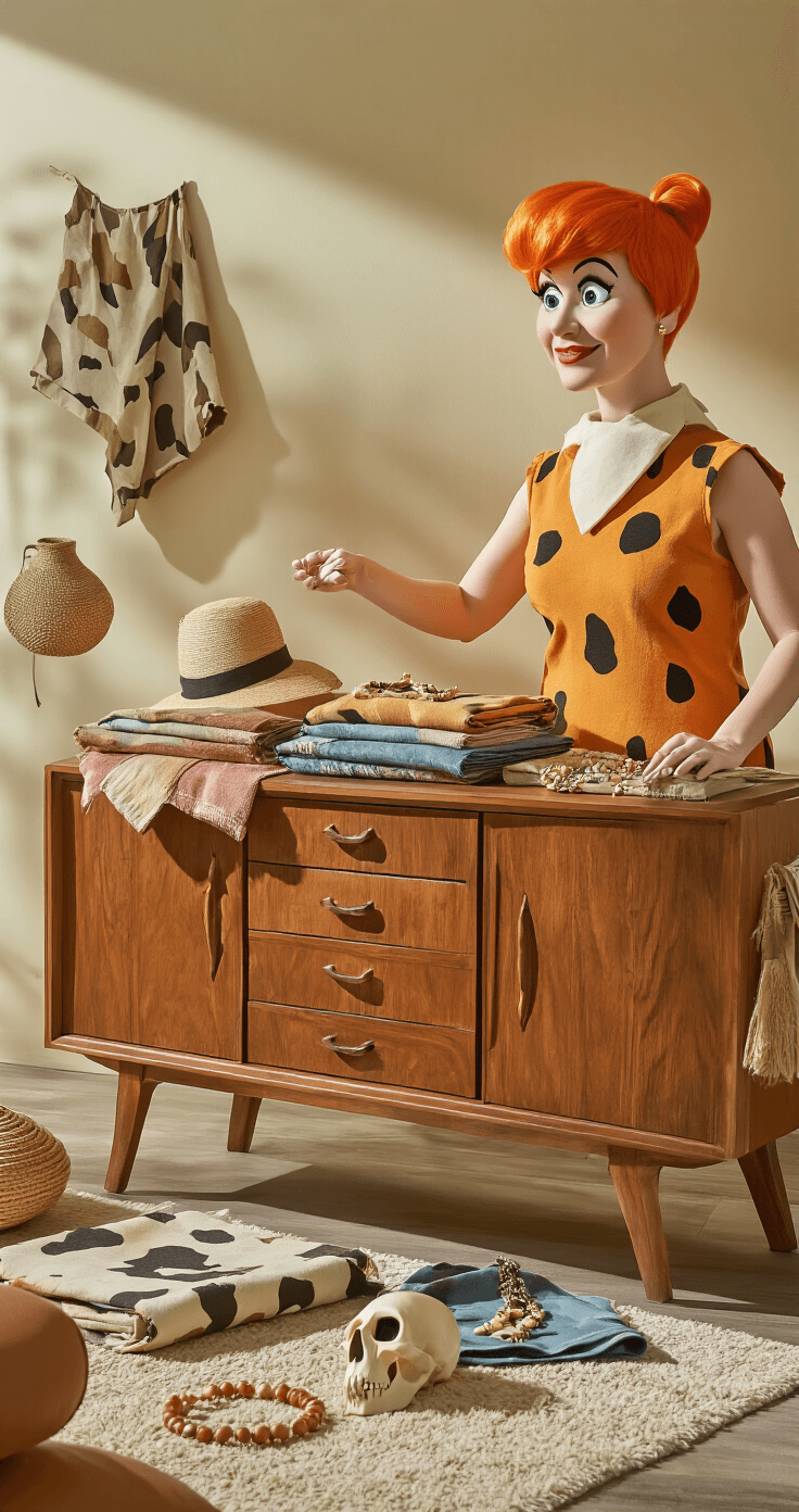Matching Halloween Costumes: Your Ultimate Guide to Coordinated Fun Sun-drenched living room corner with a vintage-inspired Fred & Wilma Flintstone costume preparation, featuring earth-toned fabric swatches, faux bone jewelry, and styled character wigs on a mid-century modern credenza, highlighted by natural light showcasing textures and prehistoric patterns.
