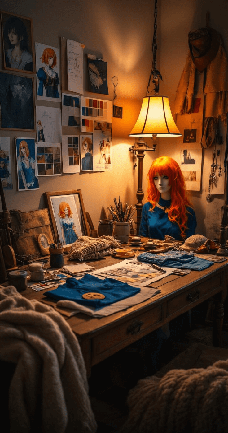 A cozy living room corner set up as a creative photography space, illuminated by warm lamplight. A vintage wooden table is covered with fabric samples, color swatches, and styling tools, while character reference images and mood boards adorn the walls. An orange wig, blue costume pieces, and handmade accessories highlight a DIY cosplay project. Soft textures of wool throws and cotton fabrics enhance the intimate atmosphere, captured from a low angle to emphasize the artistic process.