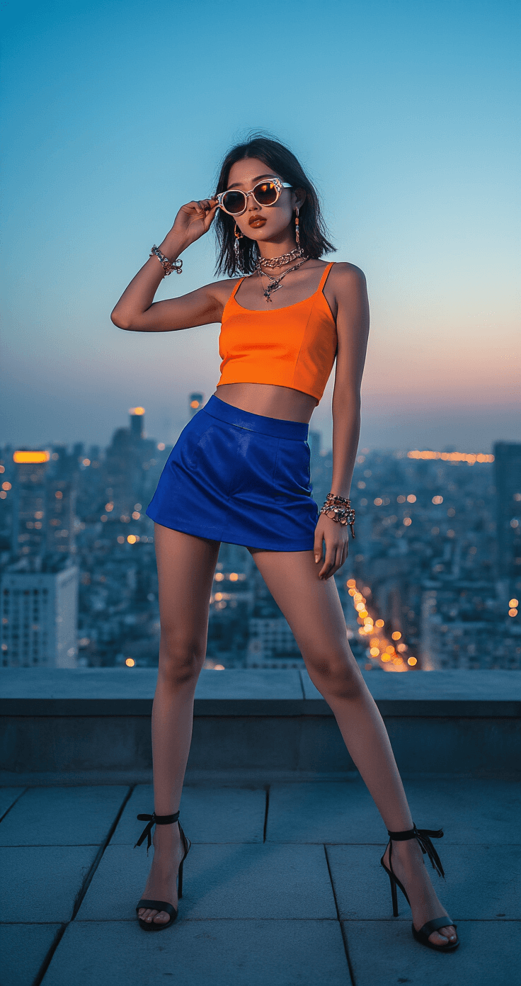 Dynamic fashion photography of a model on an urban rooftop during blue hour, wearing an anime-inspired outfit with a bright orange crop top and royal blue mini skirt, accessorized with statement sunglasses and character jewelry, showcasing vibrant colors and textures against a twinkling city skyline.