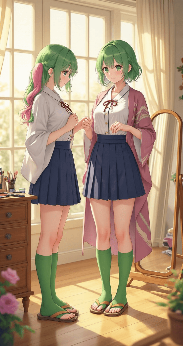 A young woman stands in a sunlit bedroom, adjusting her anime-inspired uniform in front of a full-length mirror. The outfit features a detailed white shirt, a pleated navy skirt, and a flowing pastel haori jacket, complemented by green over-the-knee socks and zōri sandals. A vibrant split-color wig and styling tools are arranged on a vintage vanity, with warm golden hour light illuminating the scene.