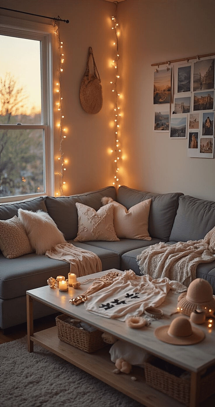 Matching Halloween Costumes: Your Ultimate Guide to Coordinated Fun Cozy home setting at sunset featuring a casual costume coordination session, with matching outfits laid out on a grey sectional sofa, accessories arranged on a coffee table, and a mood board of inspiration photos against the wall, all in warm tones and documentary style.