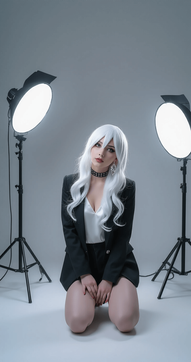 Ultimate Guide to White Hair Cosplay: Transform Your Look Like a Pro! Confident female cosplayer with white flowing hair poses dynamically in a fashion photography studio, wearing a black blazer over a white silk camisole, with silver geometric earrings and a leather choker, against a seamless gray backdrop; expertly lit with cool-toned lights that enhance the crisp, clean aesthetic of her transformation.
