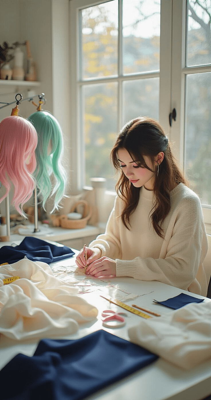 A young woman in a cream sweater and high-waisted jeans works at a white workstation in a sunlit craft room, surrounded by costume-making supplies and luxurious fabrics in navy, white, and pastels, with a pink and green wig on a styling stand. Close-up of her hands meticulously crafting anime cosplay pieces, showcasing the texture of silk and her focused expression.