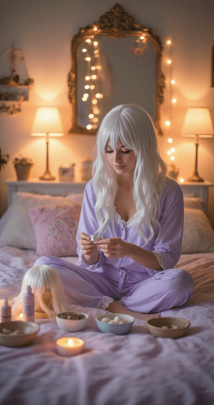 Ultimate Guide to White Hair Cosplay: Transform Your Look Like a Pro! A cozy bedroom in evening light features a young woman in lavender pajamas organizing affordable cosplay supplies on her bed, with a white wig, drugstore styling products, and DIY accessories displayed. The decor includes fairy lights and pastel pillows, highlighting the accessible and personal nature of cosplay preparation.
