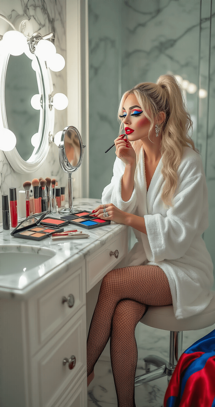 A fashionable woman in a white robe applies bold Harley Quinn makeup at an elegant white vanity table, surrounded by professional makeup supplies and costume elements, with soft ambient lighting and morning light filtering through frosted windows.