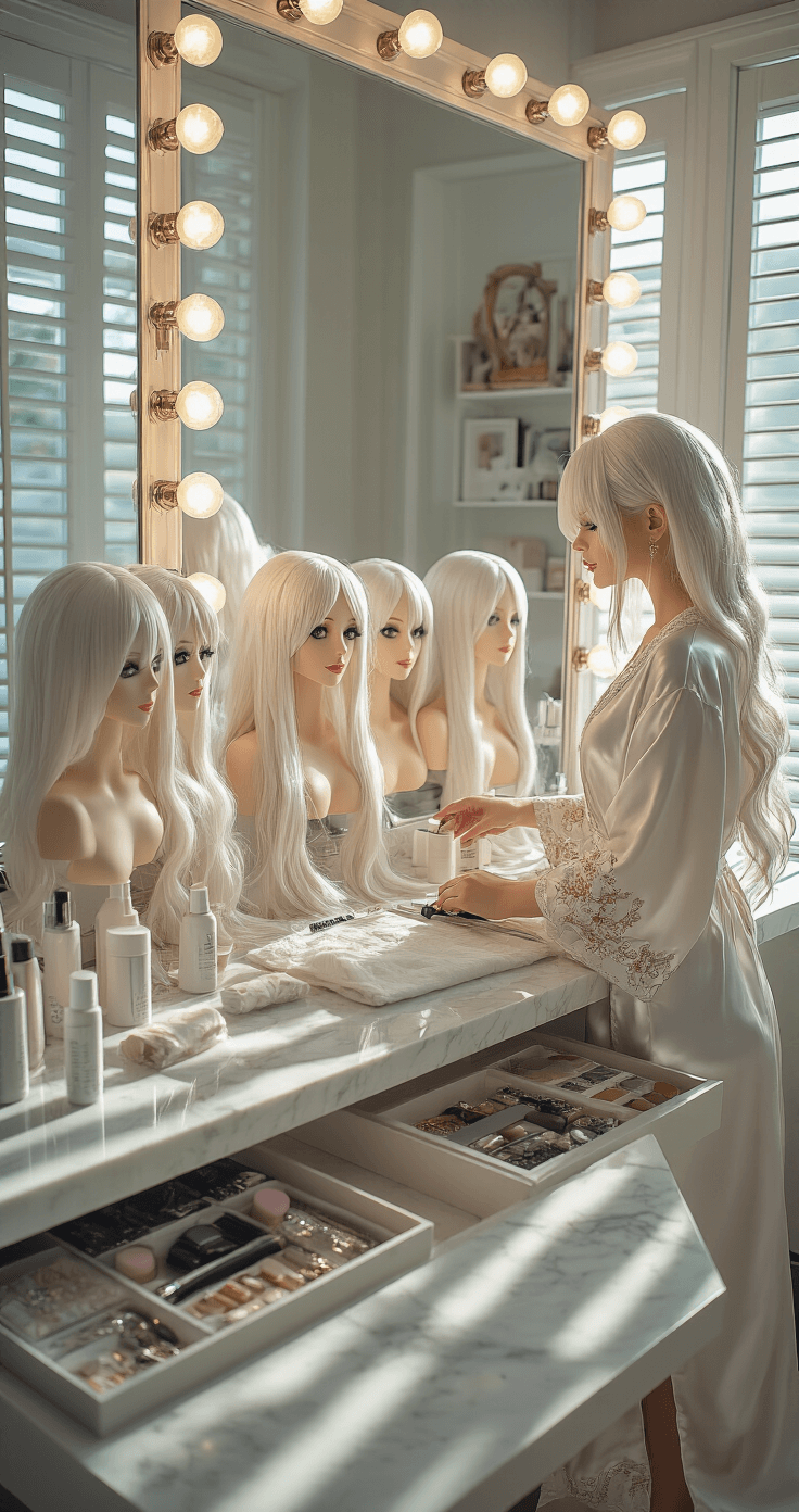 Ultimate Guide to White Hair Cosplay: Transform Your Look Like a Pro! A luxurious vanity room bathed in morning light showcases a complete cosplay toolkit, featuring high-quality white hair wigs, styling tools, and color-correcting products. A woman in an embroidered silk robe examines wig options, with Hollywood-style lighting and multiple wig heads on display, framed by elegant décor and organized cosplay accessories.