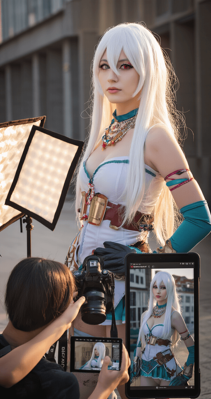 Ultimate Guide to White Hair Cosplay: Transform Your Look Like a Pro! A confident female cosplayer with white hair poses in an urban setting during golden hour, surrounded by photography equipment including a professional camera on a tripod and reflectors held by an assistant, while a tablet displays before-and-after editing images; her character-inspired outfit features layered accessories and colored contact lenses, capturing the essence of cosplay from preparation to final photography.