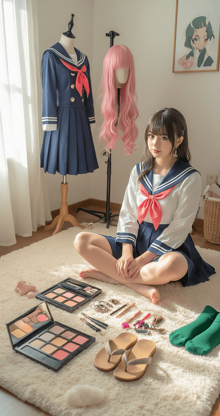A young woman sits cross-legged in a cozy bedroom corner, surrounded by organized cosplay elements on a cream blanket, illuminated by warm morning light. She arranges hair clips and accessories with focused attention, while rich navy and white anime uniform pieces, a pink and green wig on a stand, makeup palettes, brushes, zōri sandals, and emerald socks add to the scene's intimate atmosphere.