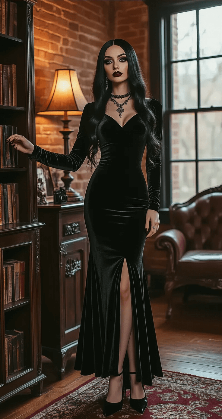 A young woman models a Morticia Addams costume in a cozy living room with exposed brick walls and vintage furniture, illuminated by warm tungsten lighting. She wears a black velvet dress, dark burgundy lipstick, and smoky eye makeup, with a long black wig cascading over one shoulder. The scene features a dark wooden bookshelf and antique silver jewelry, adding to the gothic aesthetic, alongside a vintage camera on a tripod suggesting an ongoing photoshoot.