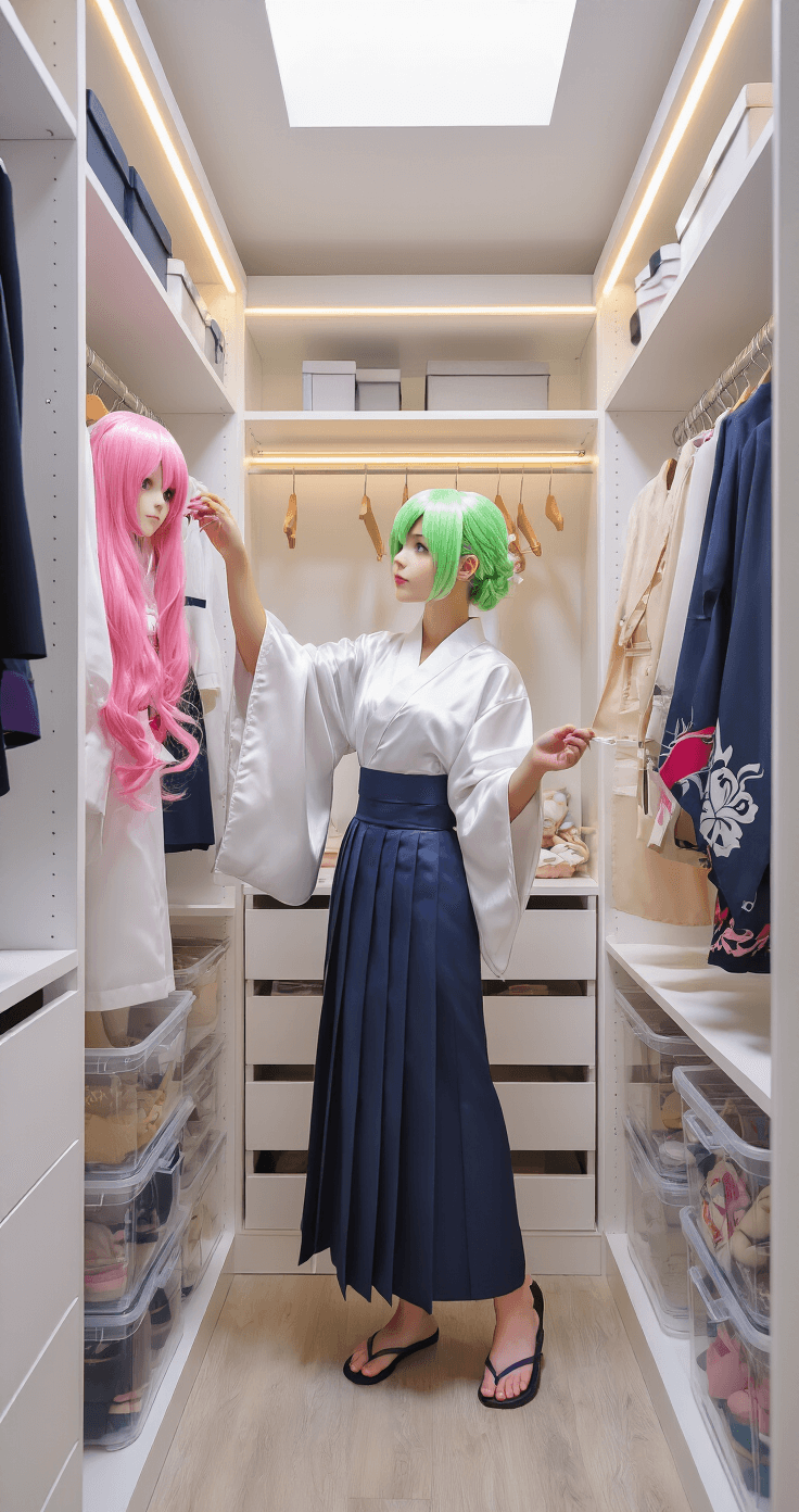 A young woman in a silk robe organizes her colorful cosplay ensemble in a bright, airy walk-in closet with built-in white shelving and soft LED lighting, showcasing neatly arranged costume pieces, a vibrant wig on a velvet-lined shelf, and clear storage bins for accessories.