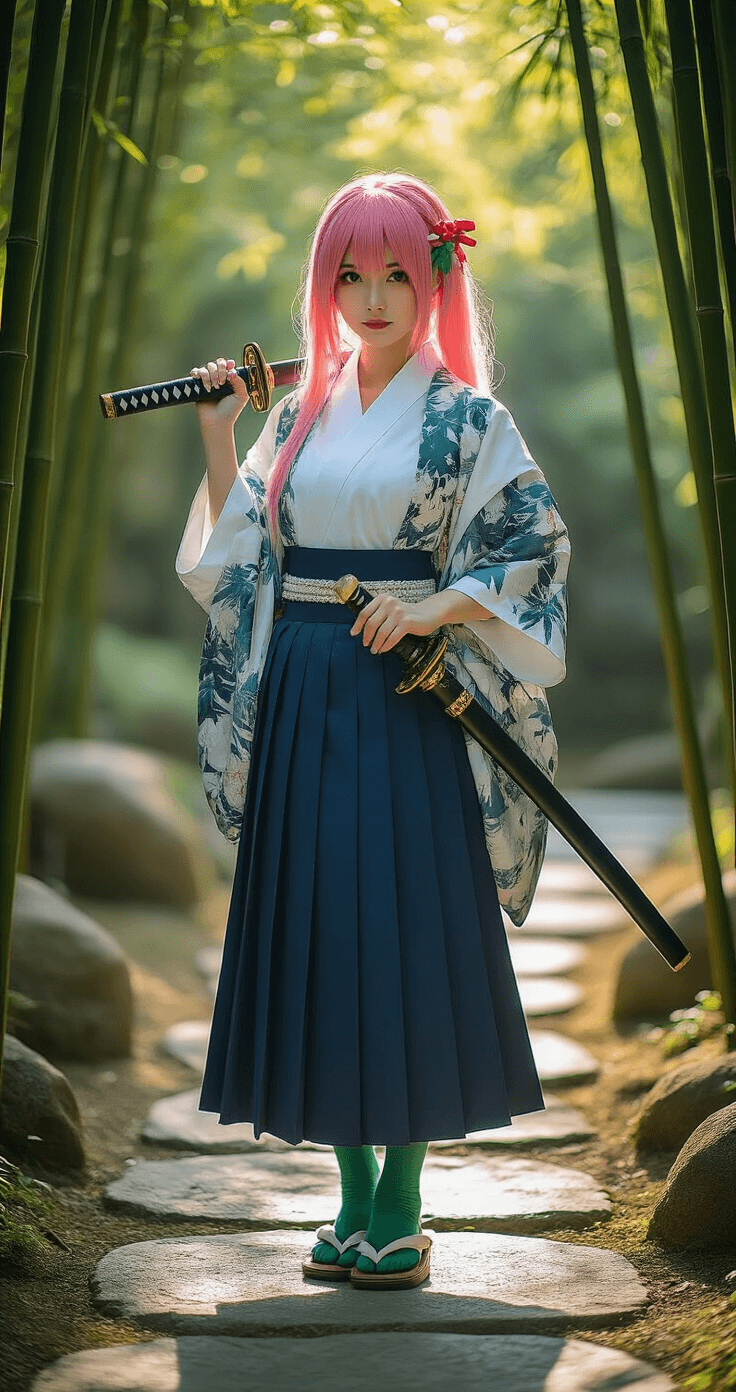 A young woman in vibrant anime cosplay stands confidently in a serene Japanese-inspired garden, framed by bamboo and stone pathways. She wears an intricately detailed uniform, flowing navy skirt, and a light haori jacket, with a pink and green wig and zōri sandals. Holding a meticulously crafted foam katana, she poses in dappled sunlight that highlights her costume against the tranquil backdrop.