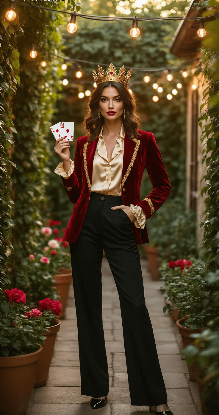 A stylish woman in a whimsical King of Hearts costume poses on a charming outdoor patio adorned with string lights and garden flowers during golden hour, showcasing a rich red velvet blazer, cream silk blouse, tailored black trousers, and a golden crown, while holding ornate playing cards amidst a magical golden glow.