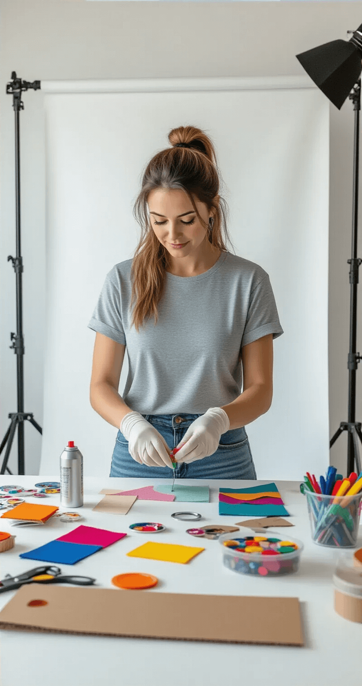 A woman demonstrates DIY costume creation techniques in a bright photography studio, surrounded by craft supplies on a large white table, dressed in a grey t-shirt and distressed jeans, with organized containers of colorful materials, her hands skillfully cutting fabric while wearing protective gloves.