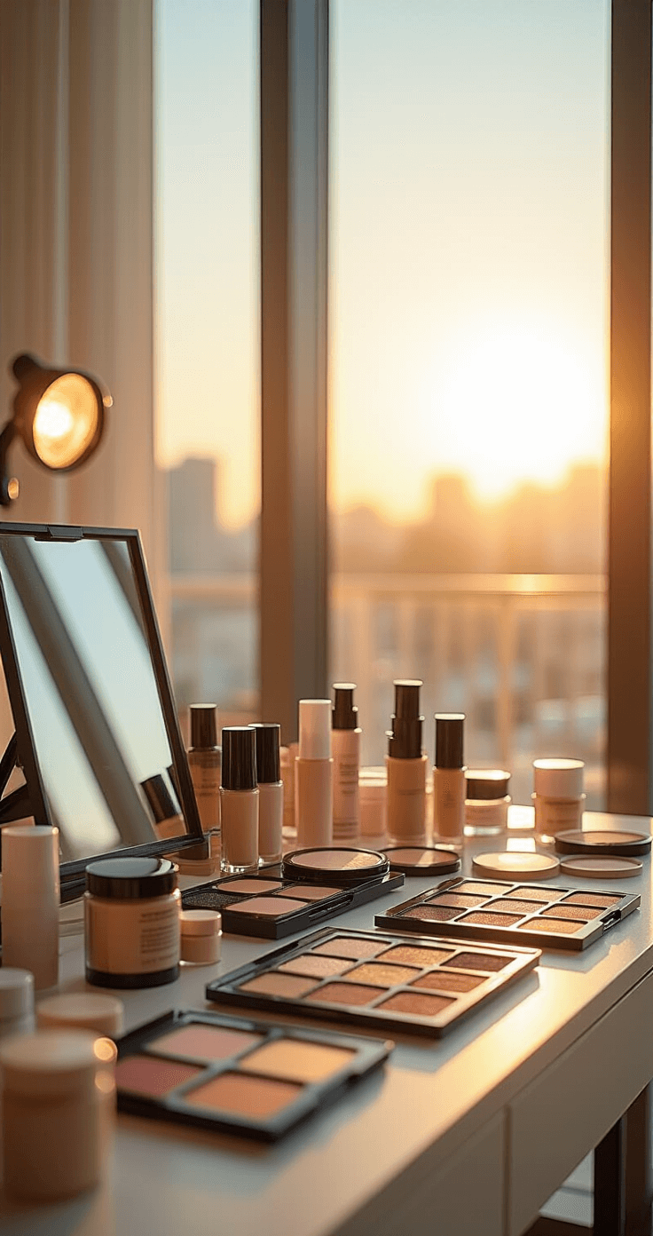 The Ultimate Guide to Cosplay Makeup: Transform Into Your Favorite Characters Golden hour sunlight illuminates a modern cosplay preparation room, showcasing beauty stations with character reference photos and organized makeup kits. A close-up of various professional-grade foundation shades, color correctors, and primers is displayed, enhanced by soft lighting that emphasizes their textures and finishes.