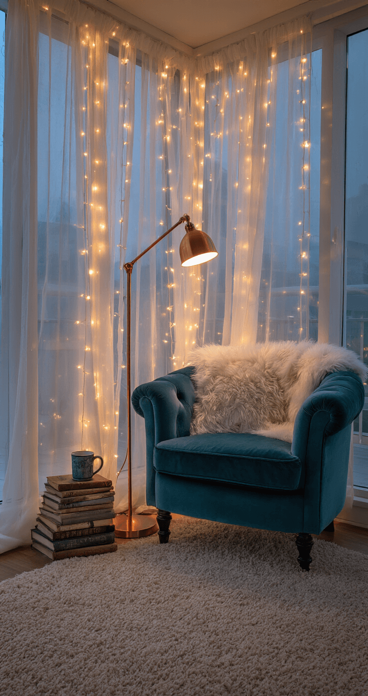 Magical DIY Fairy Lights: Transform Your Space with Enchanting Illumination Cozy reading nook in an 8x8ft corner with floor-to-ceiling windows draped in fairy lights behind gauzy white panels, featuring a deep teal oversized velvet armchair with a faux fur throw, a copper floor lamp, stacked vintage books, and a ceramic mug, captured at twilight with moody lighting.