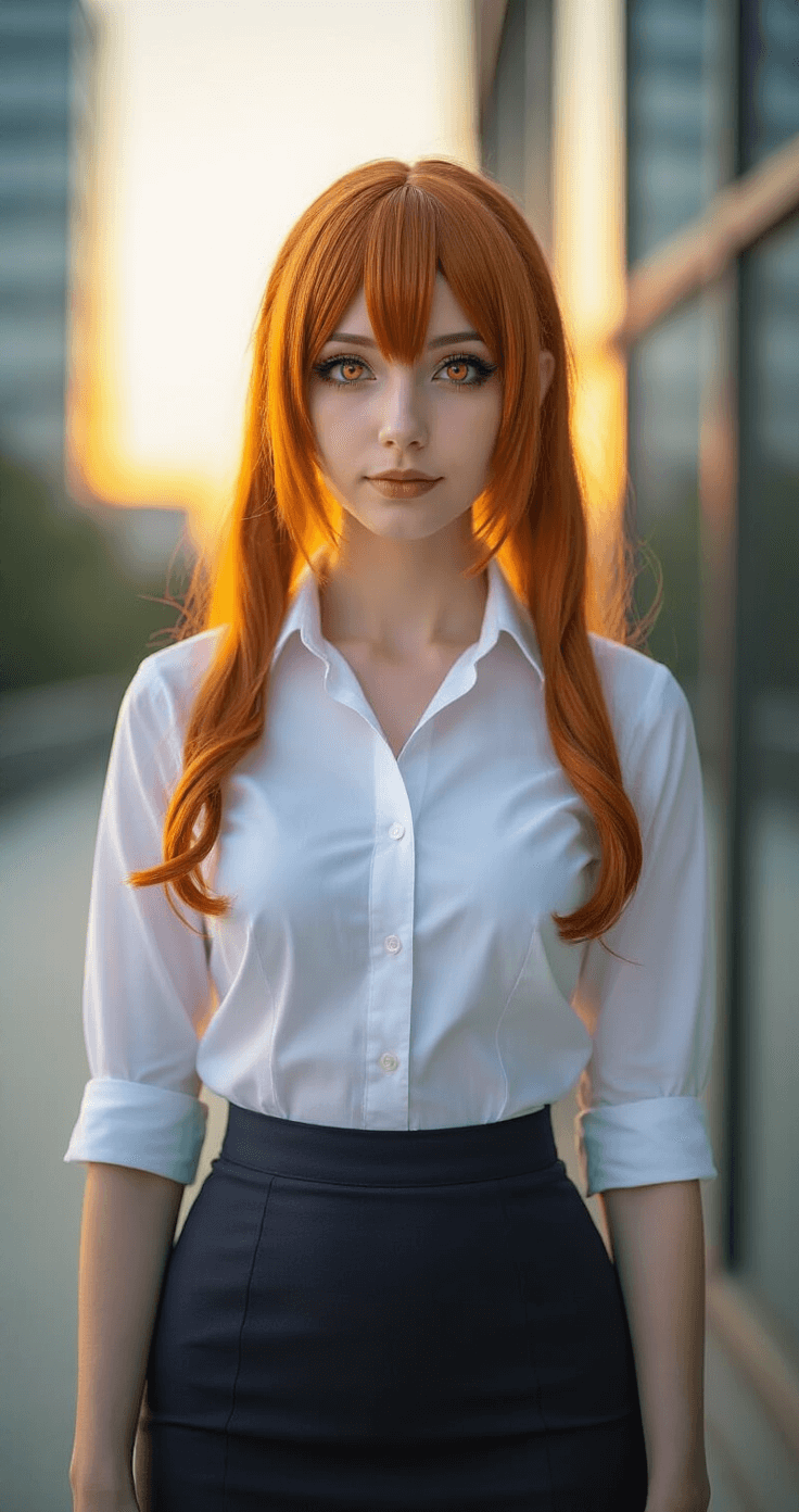 Your Ultimate Guide to 2025 Cosplay Trends: From Closet to Convention-Ready A Makima cosplayer poses in an urban setting during golden hour, wearing a white button-up shirt and dark pencil skirt, complemented by a perfectly styled ginger wig. Soft sunset lighting enhances her subtle makeup and colored contacts, with a modern office building in the background reflecting warm light. The image is captured at eye level with an 85mm lens, creating flattering portrait compression.