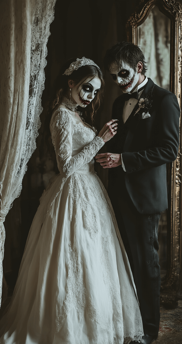 A dimly lit vintage bedroom featuring antique mirrors and lace curtains, where a couple tries on zombie bride and groom costumes. The bride adjusts her tattered white gown with lace details and dramatic makeup, while the groom fixes his distressed black tuxedo adorned with gothic accessories, surrounded by a moody and romantic atmosphere.