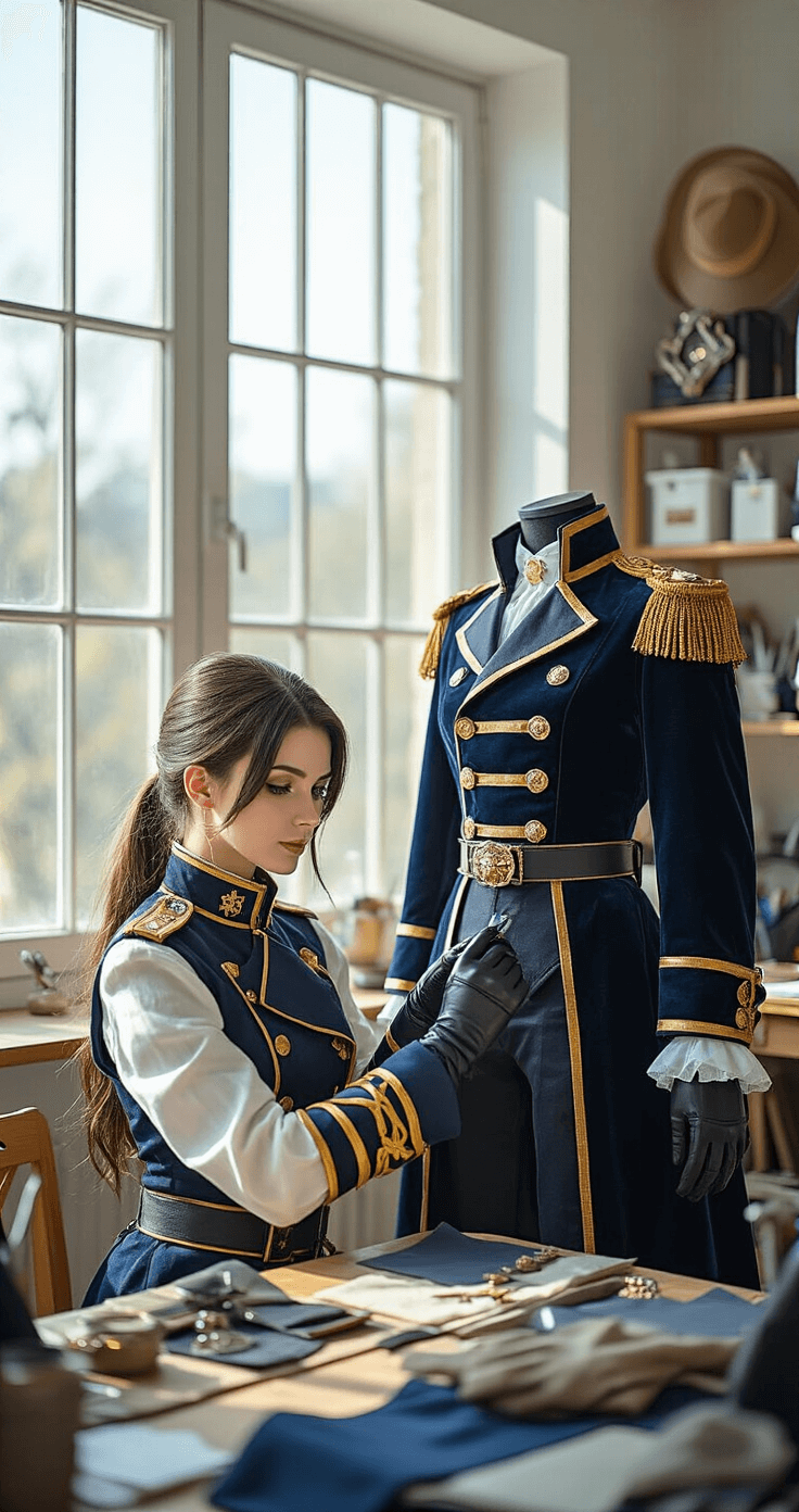 A confident female cosplayer in a bright crafting studio meticulously styles a complex Roy Mustang military uniform and a Sebastian Michaelis tailcoat, surrounded by organized costume-making supplies under natural midday light.