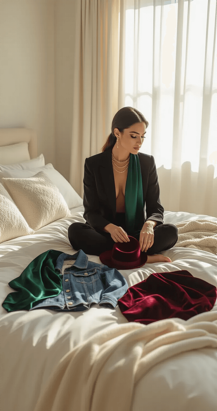 A fashion-forward woman sits cross-legged on a plush cream-colored bed in a minimalist bedroom, thoughtfully curating her Halloween costume wardrobe from designer pieces laid out on luxurious white linens, bathed in soft morning sunlight.