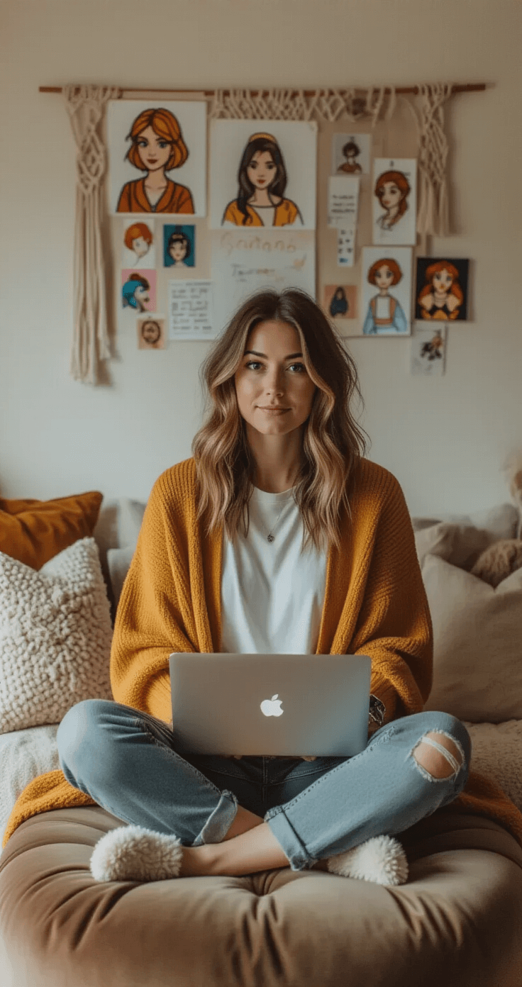 A woman sits cross-legged on a velvet ottoman in a cozy studio apartment, working on her laptop surrounded by an inspiration board and art supplies, adorned in a mustard yellow cardigan and distressed jeans, with warm string lights in the background.