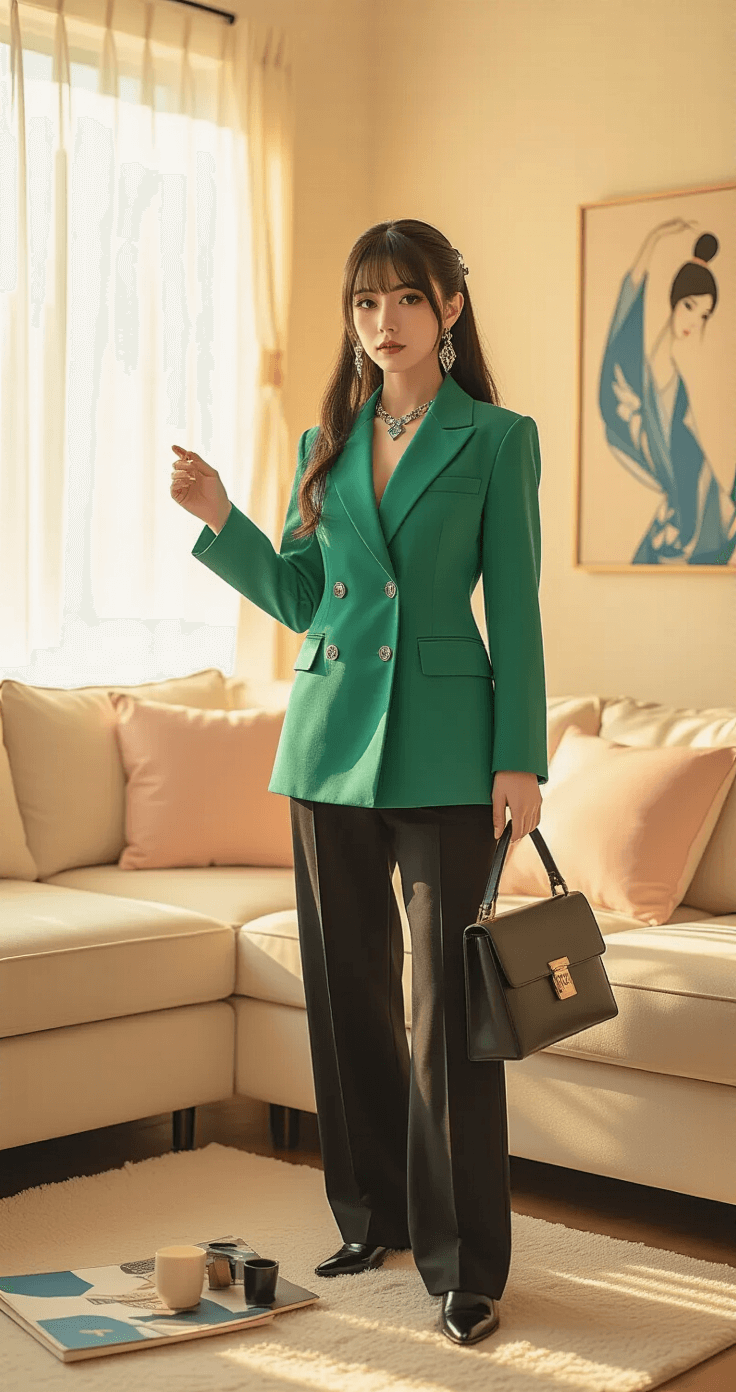A female cosplayer in a bright living room during golden hour, wearing a structured emerald blazer over sleek black pants, showcasing modern interpretations of Asami Sato's style, with geometric jewelry and a minimalist handbag, surrounded by inspiration pieces reflecting Katara's blue and white palette and Kaguya Shinomiya's soft pink tones.
