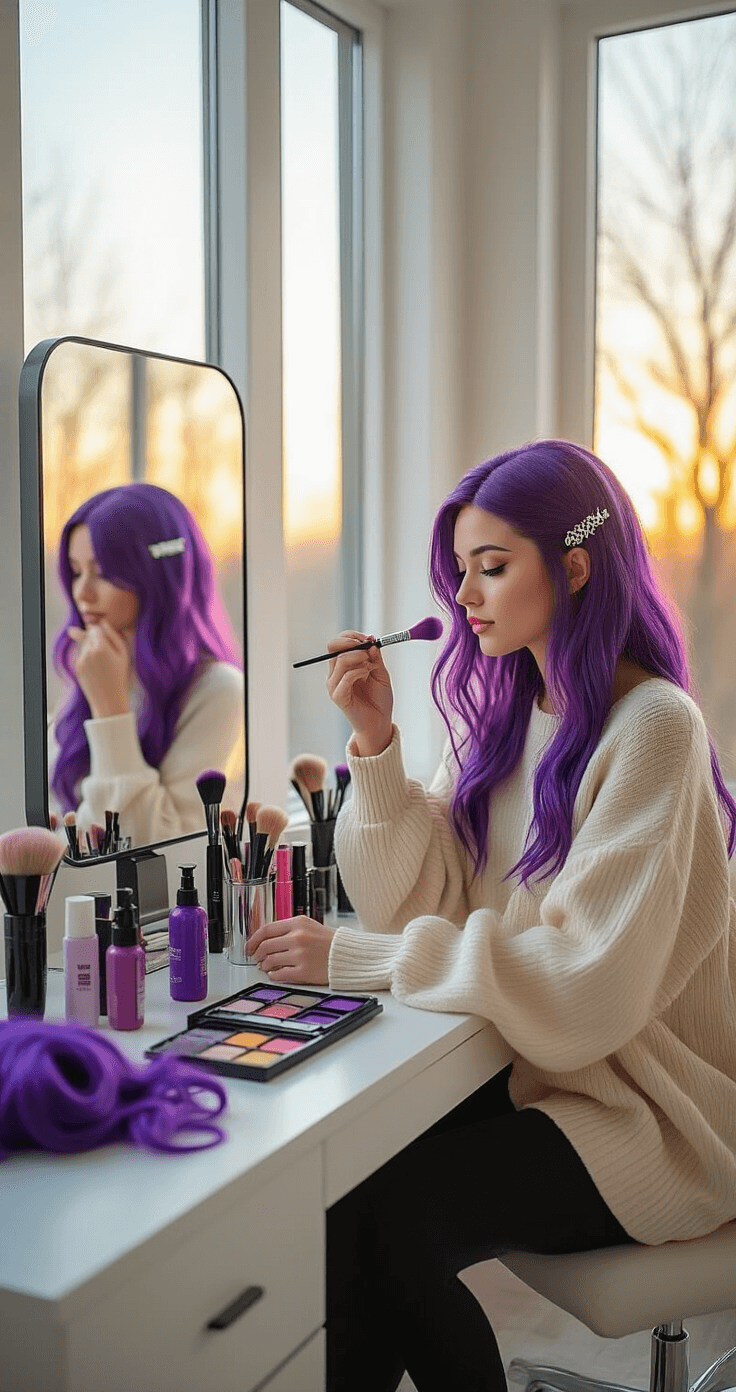 Purple Hair Cosplay: Nailing the Perfect Character Look A young woman in a spacious, sunlit bedroom applies vibrant purple hair dye at a modern vanity, surrounded by organized cosplay essentials like wigs, hair clips, and makeup brushes, wearing an oversized cream sweater and black leggings.