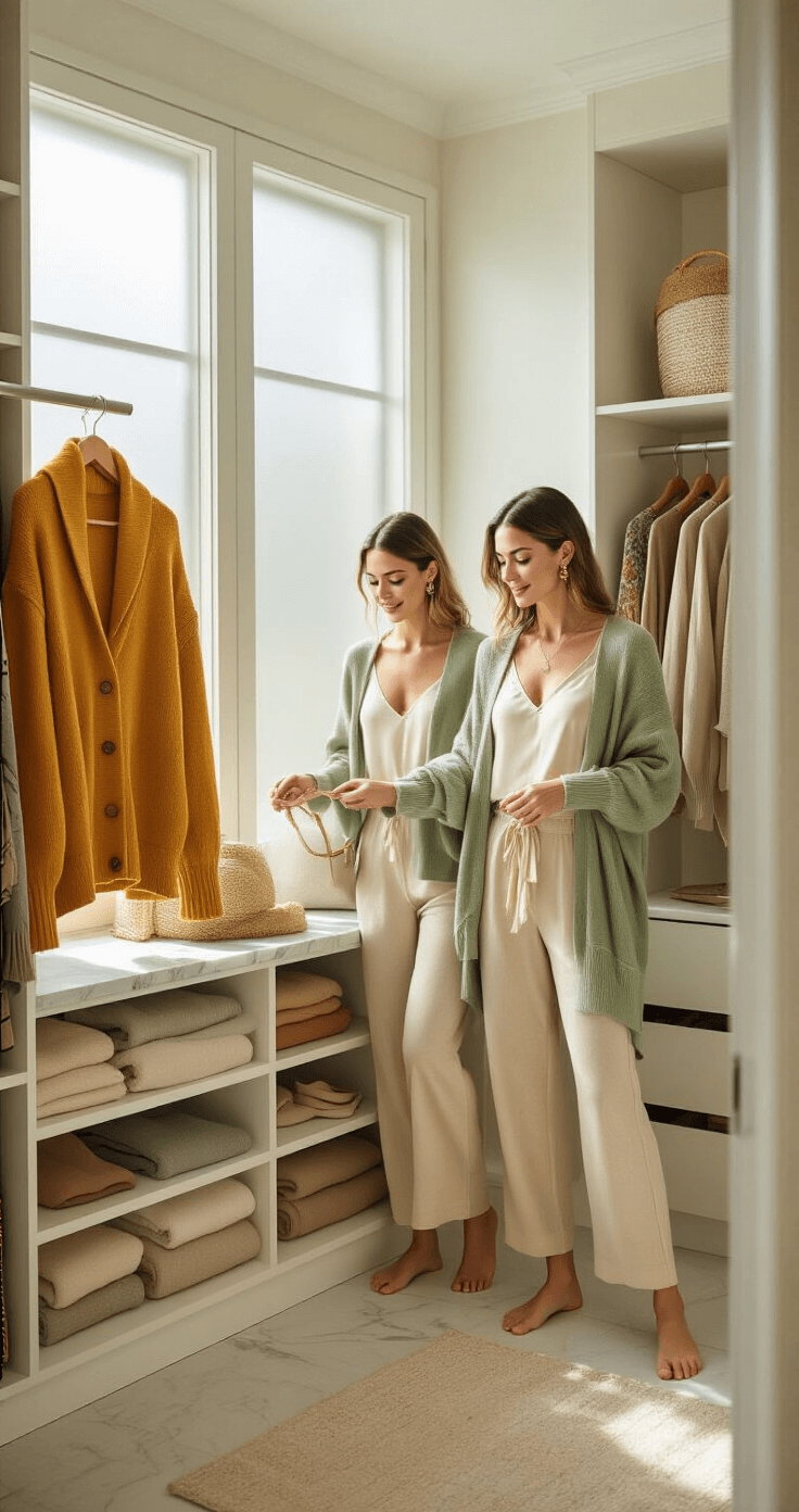 A woman in luxurious loungewear organizes stylish costume-inspired pieces in a bright walk-in closet with natural light, showcasing rich textures and a muted color palette of creams, sage green, and warm grays.