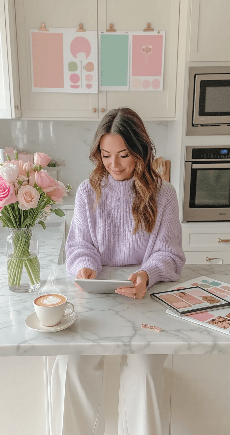 A woman in a soft lavender cashmere sweater and white wide-leg trousers sits at a marble breakfast bar, editing her DTI cosplay content on a tablet. The workspace includes a steaming latte, fresh flowers, and printed mood boards, with a soothing pastel color palette illuminated by natural light.