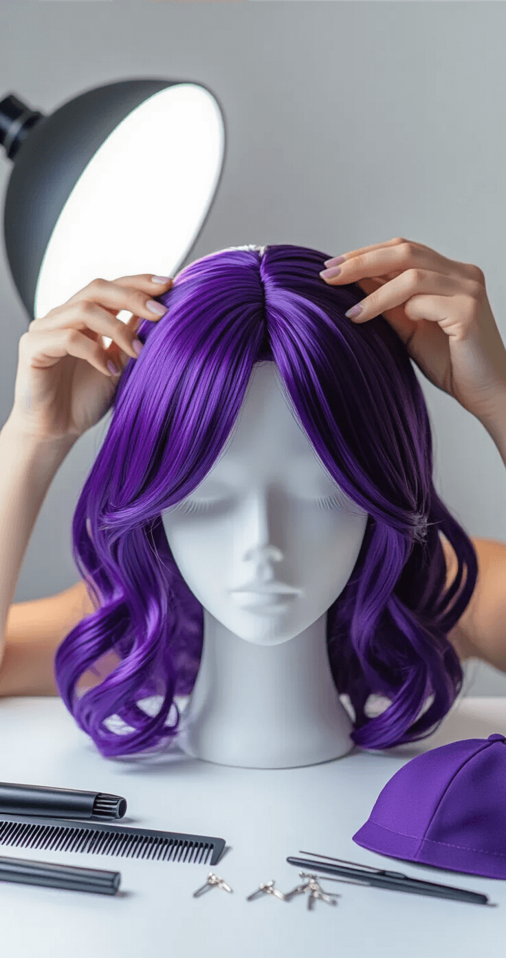Purple Hair Cosplay: Nailing the Perfect Character Look Close-up of a cosplayer's hands styling a vibrant purple synthetic wig on a foam head in a bright, minimalist studio. Surrounding tools include a wide-tooth comb, curling iron, wig cap, and scattered bobby pins. The wig showcases rich amethyst and lavender tones under professional ring lighting, with soft shadows enhancing texture and detail.