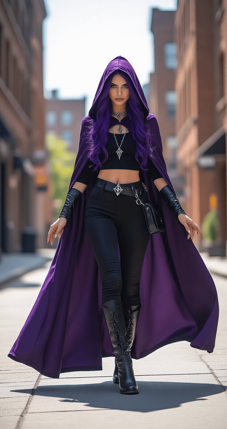 Purple Hair Cosplay: Nailing the Perfect Character Look A confident woman dressed as Raven from Teen Titans stands on a trendy urban corner, wearing a dark purple hooded cloak over fitted black clothing. Her striking purple hair flows over her shoulders, and she accessorizes with dark leather boots and silver mystical jewelry. The backdrop features modern brick buildings with soft shadows as she poses powerfully, hands positioned as if channeling magical energy, capturing the dynamic street photography essence.