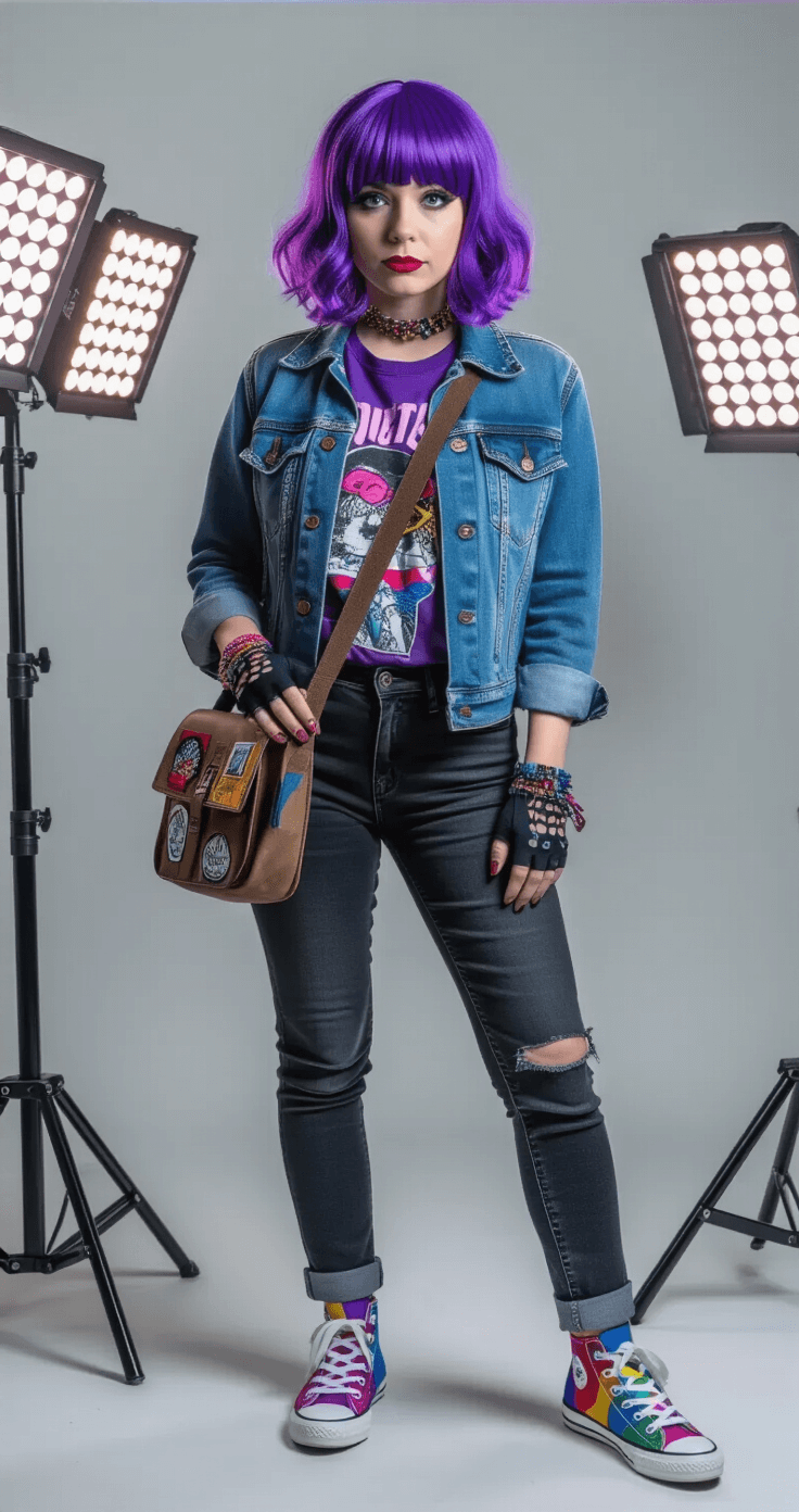 Purple Hair Cosplay: Nailing the Perfect Character Look A cosplayer dressed as Ramona Flowers poses in a photography studio with a grey backdrop, showcasing vibrant purple hair and a stylish outfit that includes a denim jacket, vintage t-shirt, and quirky accessories, illuminated by controlled LED lighting.