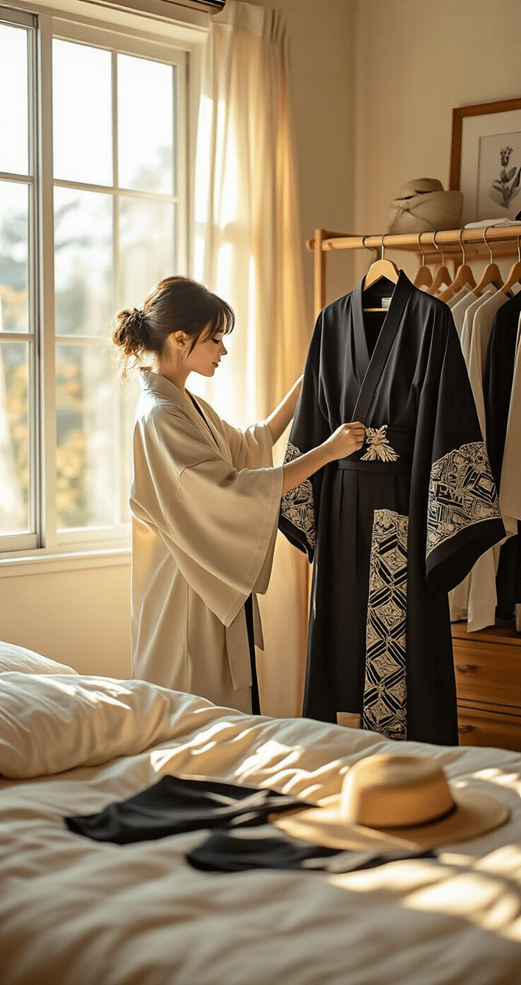A woman in loungewear arranges a traditional black haori coat on a vintage wooden clothing rack in a cozy bedroom with warm sunlight. The room features cream walls and natural wood furniture, with muted beige cotton bedding and neatly laid out cosplay accessories on the bed, all captured in soft, diffused lighting.