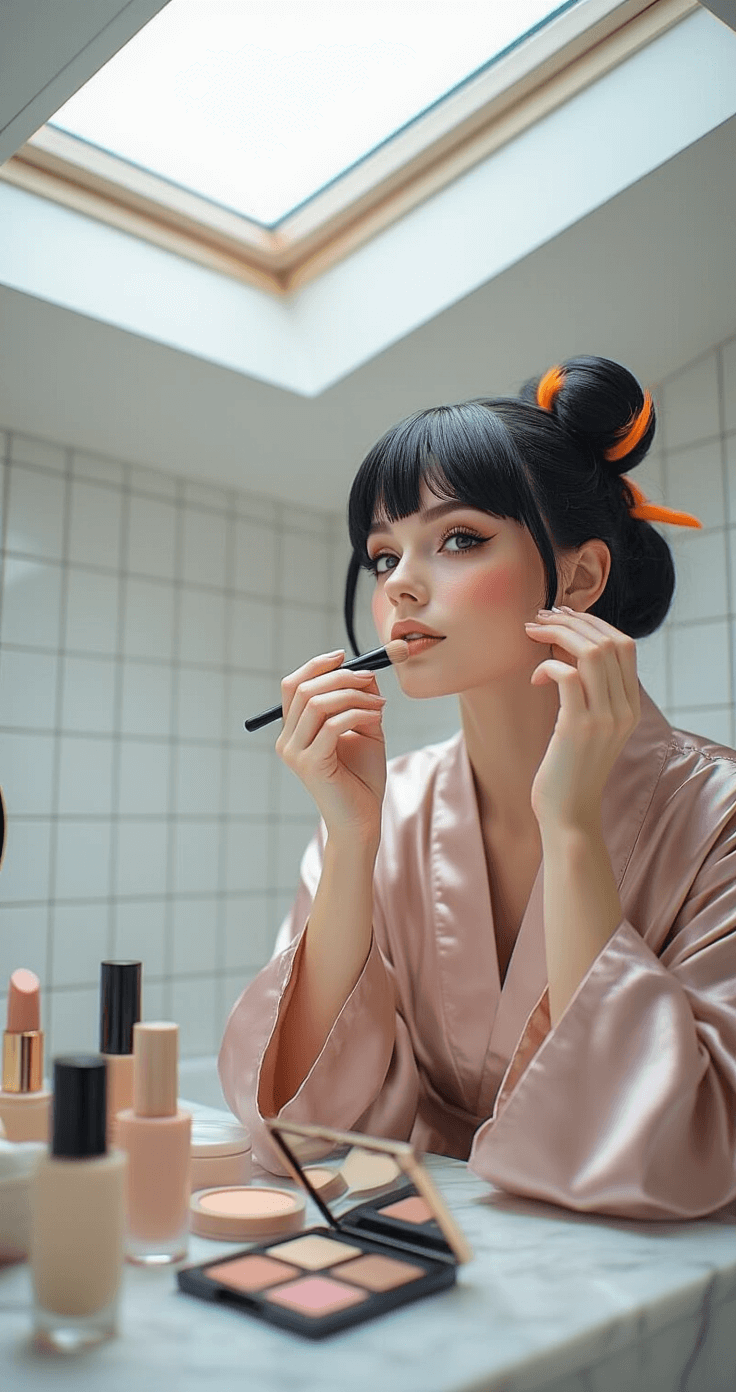 A close-up of a woman with a black wig with orange tips, applying subtle makeup in a modern bathroom with white tiles and skylight lighting. She wears a dusty rose silk robe and has various high-quality makeup products in neutral tones displayed on a marble countertop, emphasizing a meticulous beauty routine.