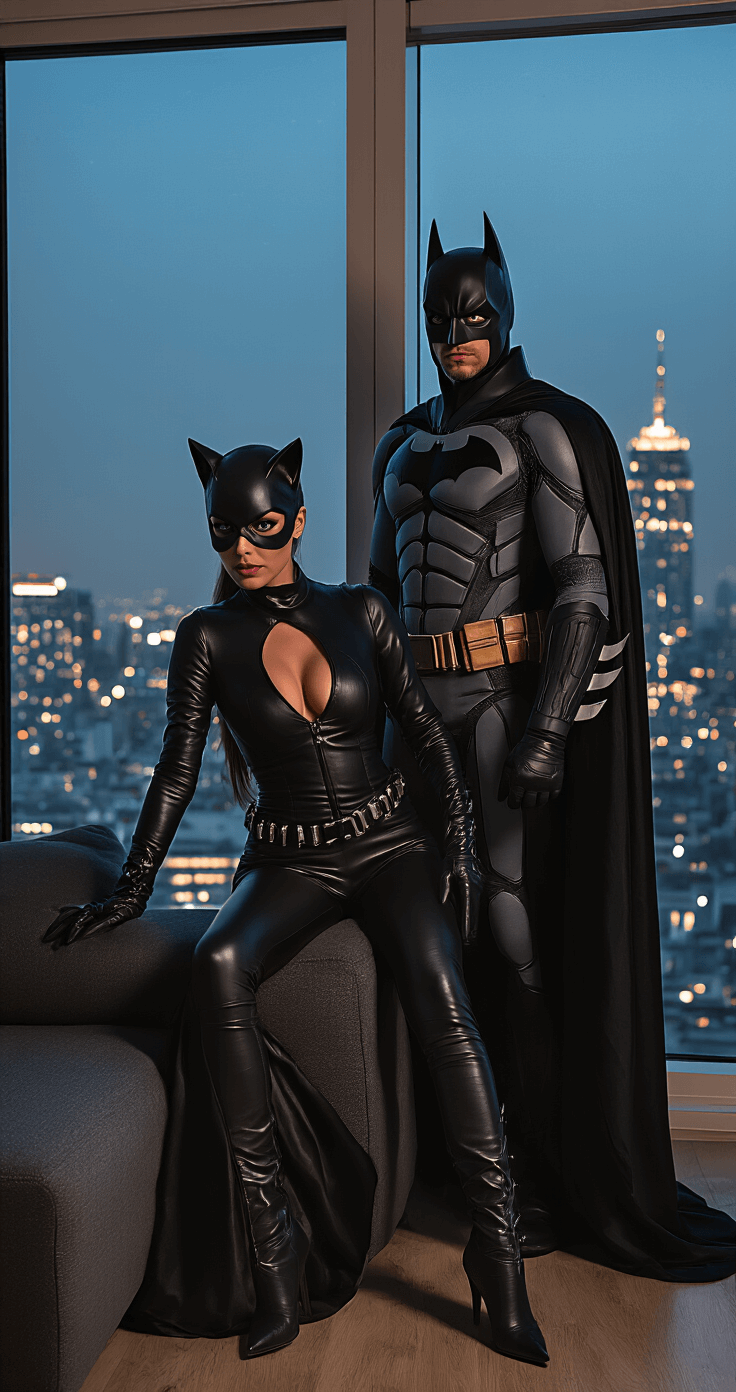 A modern apartment living room at dusk with city views, featuring a couple preparing their Batman and Catwoman costumes. The woman is dressed in a sleek black leather catsuit and stiletto boots, while the man wears a structured matte black suit with a cape and cowl, both striking power poses against dramatic city lights.