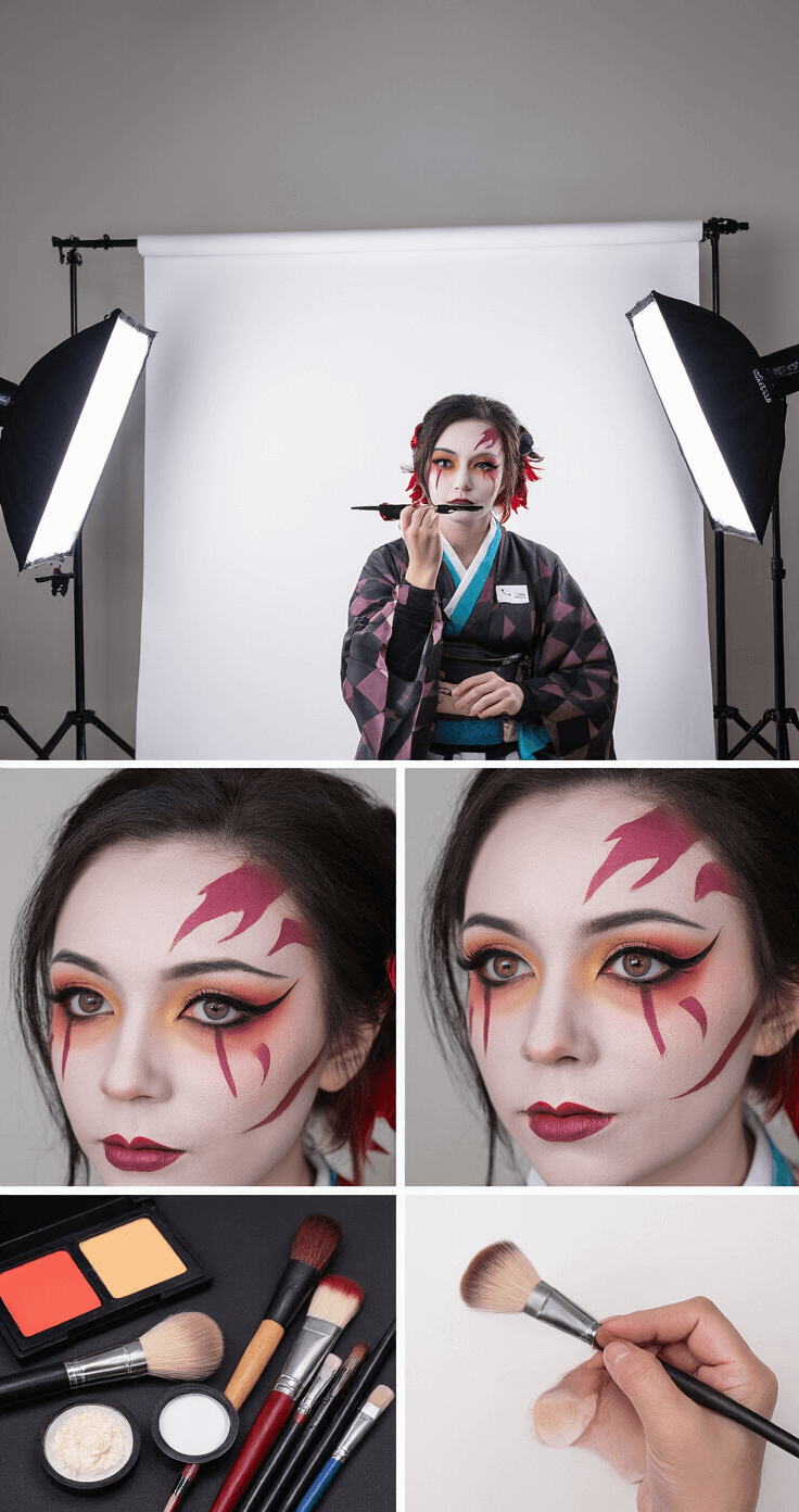 The Ultimate Guide to Cosplay Makeup: Transform Into Your Favorite Characters A close-up of a professional photography studio setup featuring a cosplayer in demon slayer makeup, showcasing intricate face marking techniques with specialized products, soft box lighting, and a plain white backdrop. Professional makeup brushes and tools are artfully arranged in the foreground, highlighting the layering process of waterproof face paints.