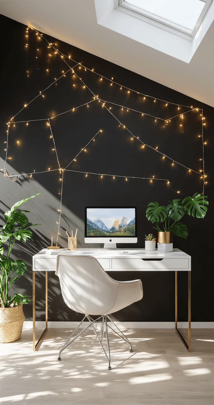 Magical DIY Fairy Lights: Transform Your Space with Enchanting Illumination Modern home office with a minimalist white desk under a skylight, featuring geometric fairy lights on a matte black wall, mixed metal desk accessories, and a Monstera plant casting shadows, captured from an elevated angle.