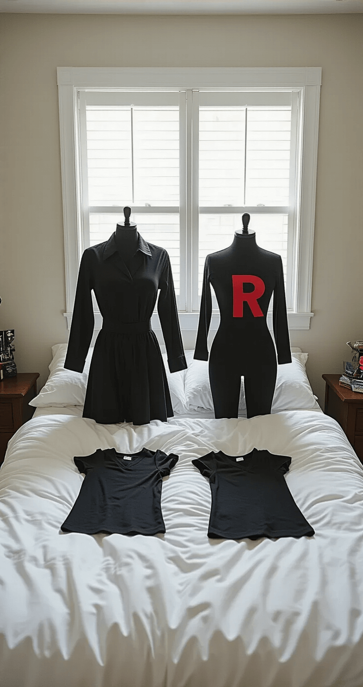 Your Ultimate Guide to 2025 Cosplay Trends: From Closet to Convention-Ready A bright, airy bedroom scene displaying a split-frame of a Team Rocket Grunt cosplay transformation, featuring basic black clothing pieces laid flat on white bedding and assembled on a dress form with a red 'R' emblem, illuminated by morning light.