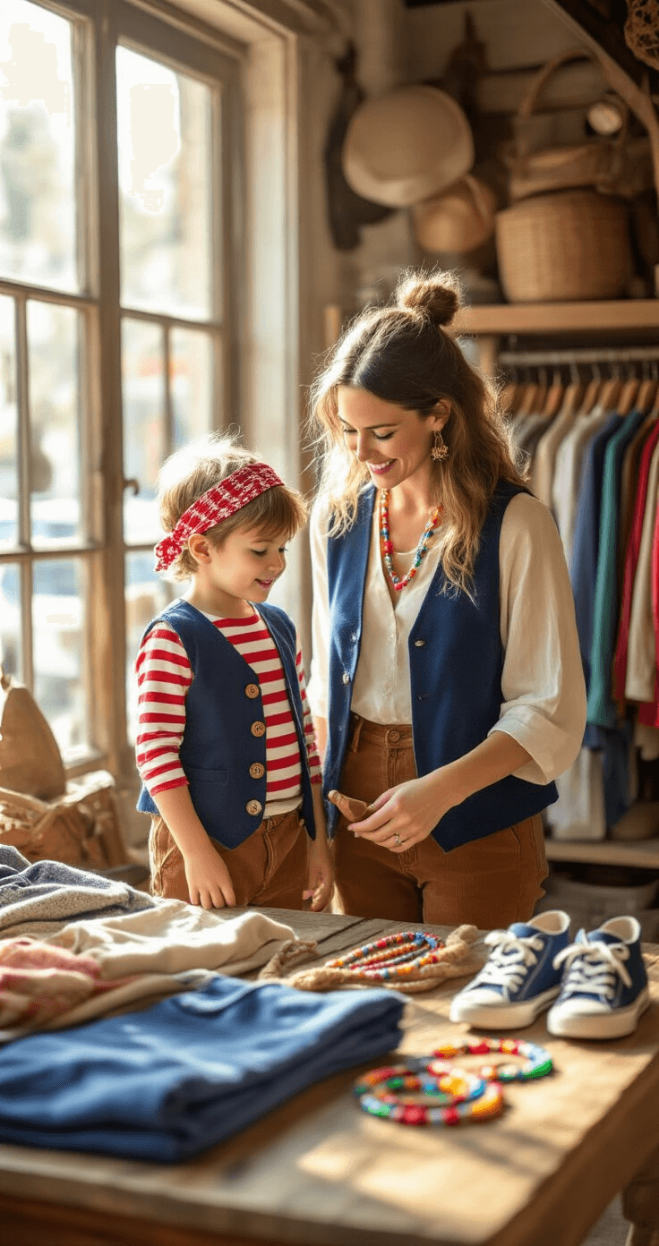 A joyful mother and child explore a sunny thrift store, discovering pirate costume pieces amid vintage wooden fixtures and eclectic clothing racks, illuminated by natural light, with a vibrant display of accessories on wooden tables.