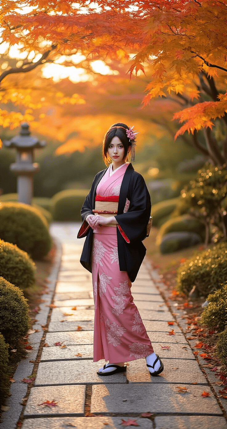 A woman poses in a Nezuko costume, featuring a pink kimono and black haori, on a serene garden path during golden hour, surrounded by autumn leaves and traditional Japanese elements like stone lanterns.