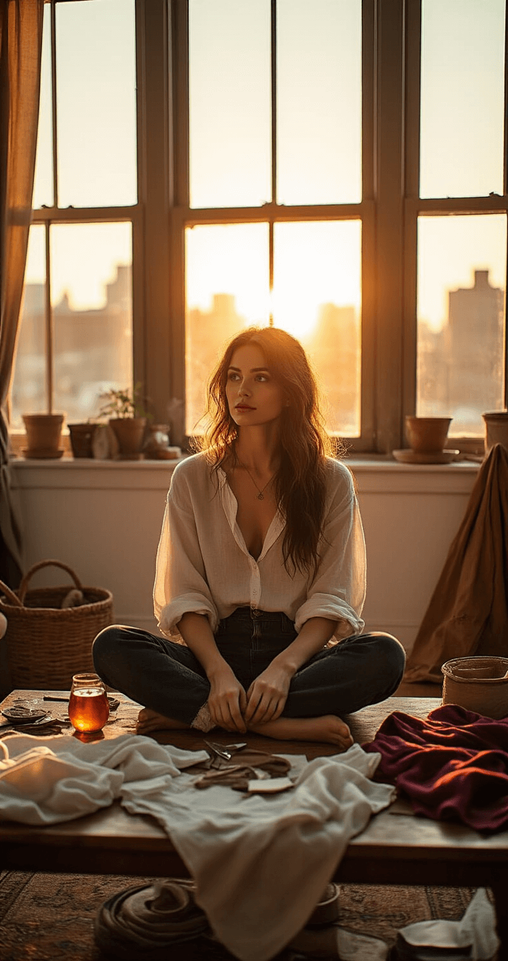 A creative woman sits on her apartment floor during golden hour, surrounded by DIY pirate costume materials, with warm light illuminating various fabrics and craft supplies on a vintage wooden coffee table.