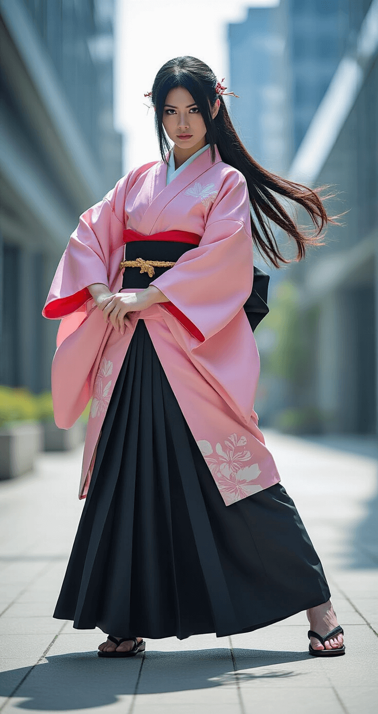 A young woman in a pink kimono and black haori strikes a fierce pose on an urban sidewalk, with modern architecture softly blurred in the background. The midday sunlight casts dramatic shadows, highlighting the costume's details, while her flowing wig and traditional hair pins catch the light, creating an empowering scene.