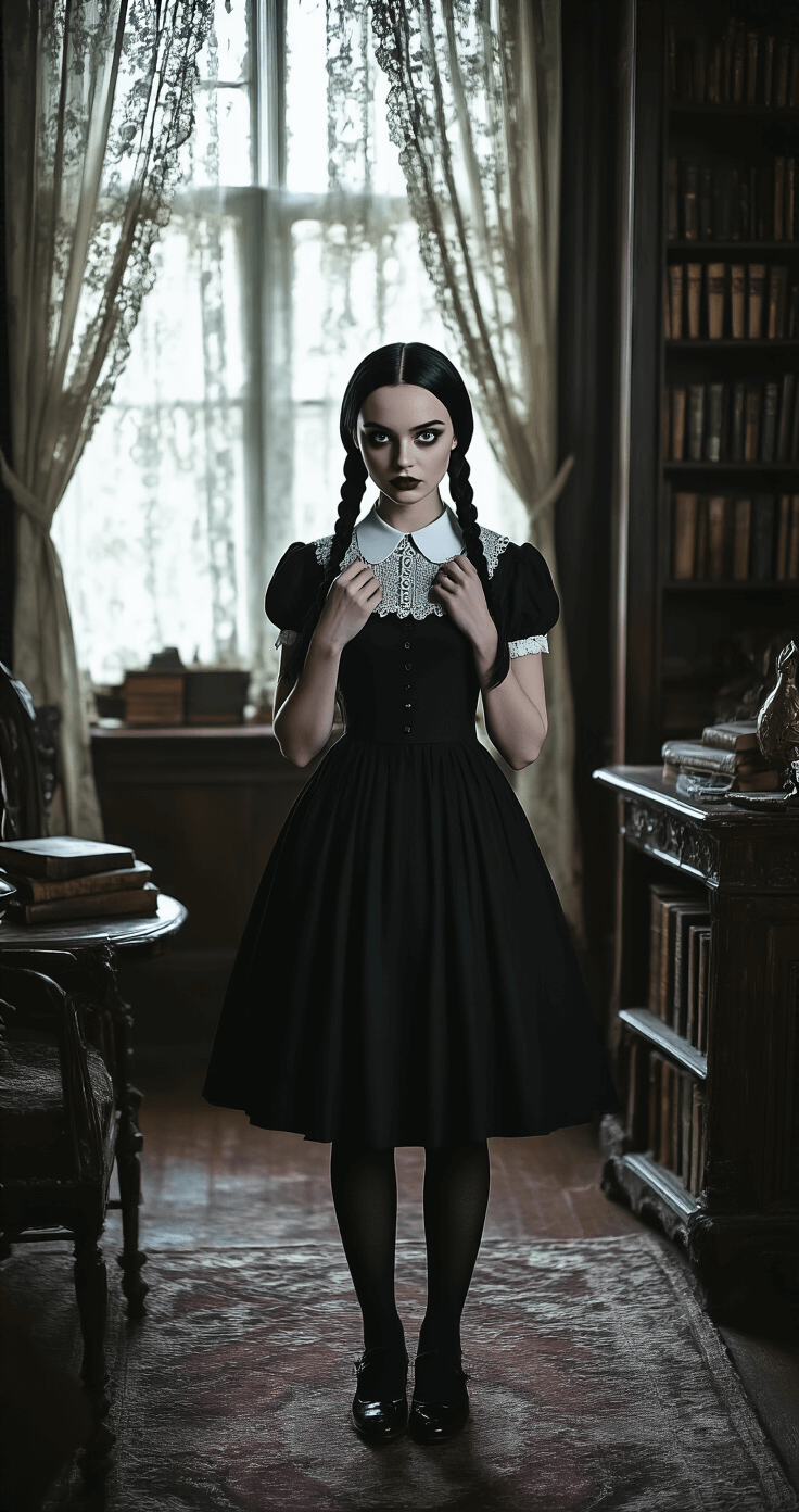 A young woman with sleek black hair in Wednesday Addams-style braids stands in a dimly lit gothic parlor, wearing a tailored black dress with a white collar, adjusting her collar with a deadpan expression. The soft light from vintage lace curtains casts shadows on her pale complexion, surrounded by antique furniture and books, emphasizing a timeless gothic elegance in monochrome tones.