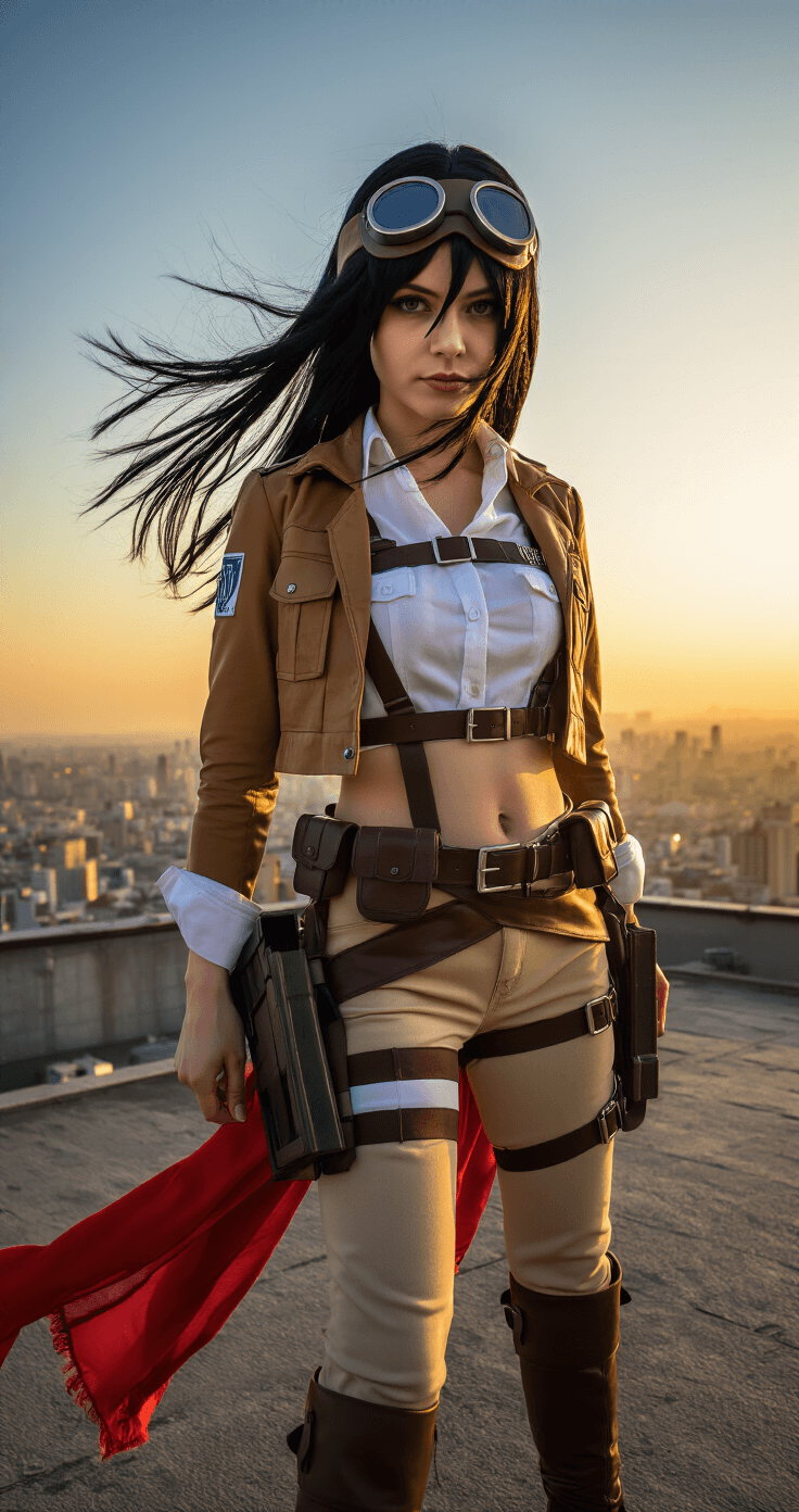A fierce female cosplayer in Mikasa's Survey Corps uniform stands triumphantly on an urban rooftop at golden hour, her determined expression illuminated by warm sunset light. She sports flowing black hair partially hidden by military headwear, with a red scarf billowing in the breeze. ODM gear props enhance the scene, highlighting the detailed craftsmanship of her costume against a sprawling cityscape backdrop.