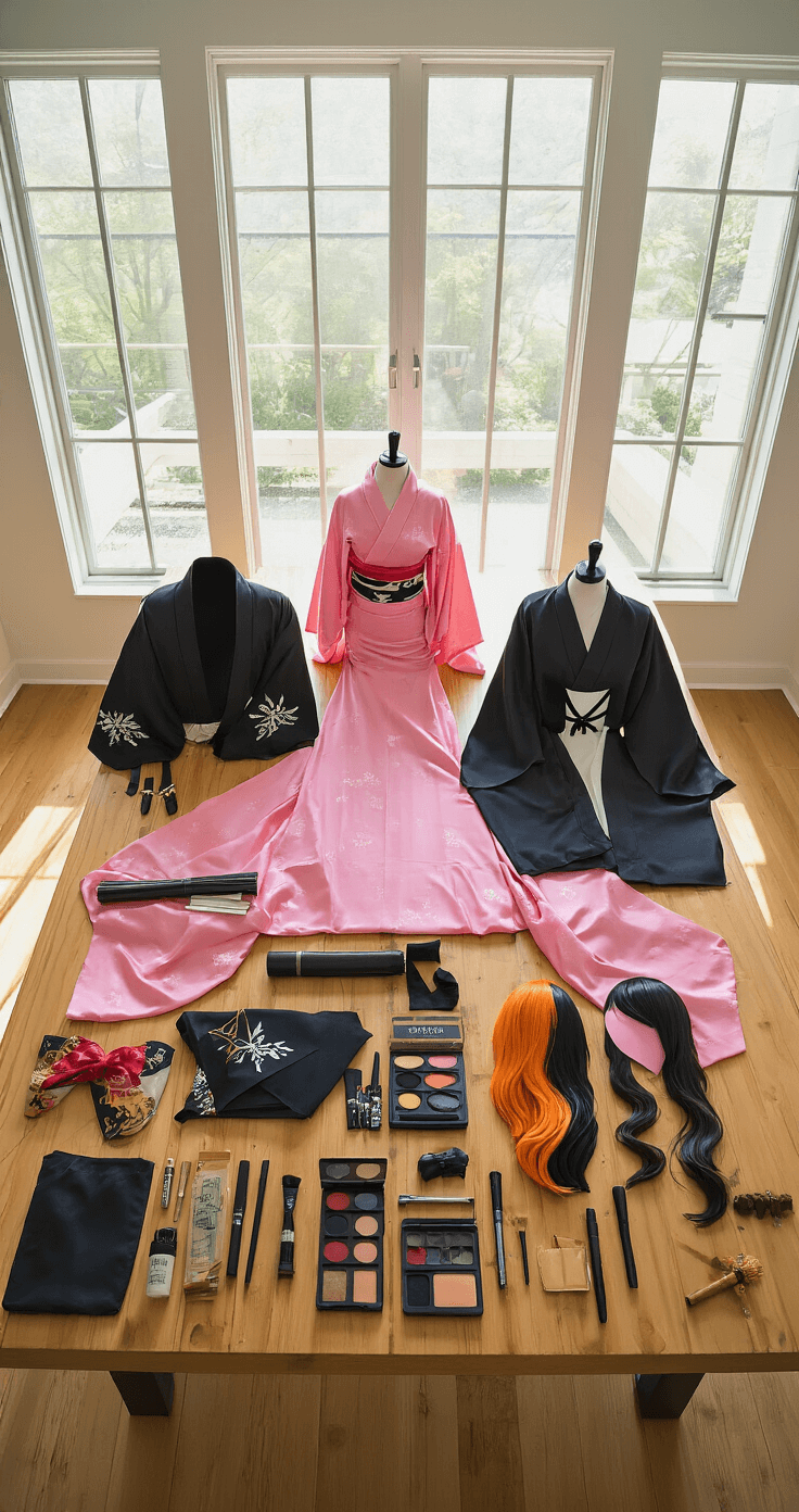 An organized flat-lay scene of cosplay components on a wooden table, featuring a pink silk kimono, black haori coat, bamboo muzzle prop, a stylized black and orange wig, traditional accessories, makeup products, and styling tools, all arranged with attention to detail in bright natural lighting.