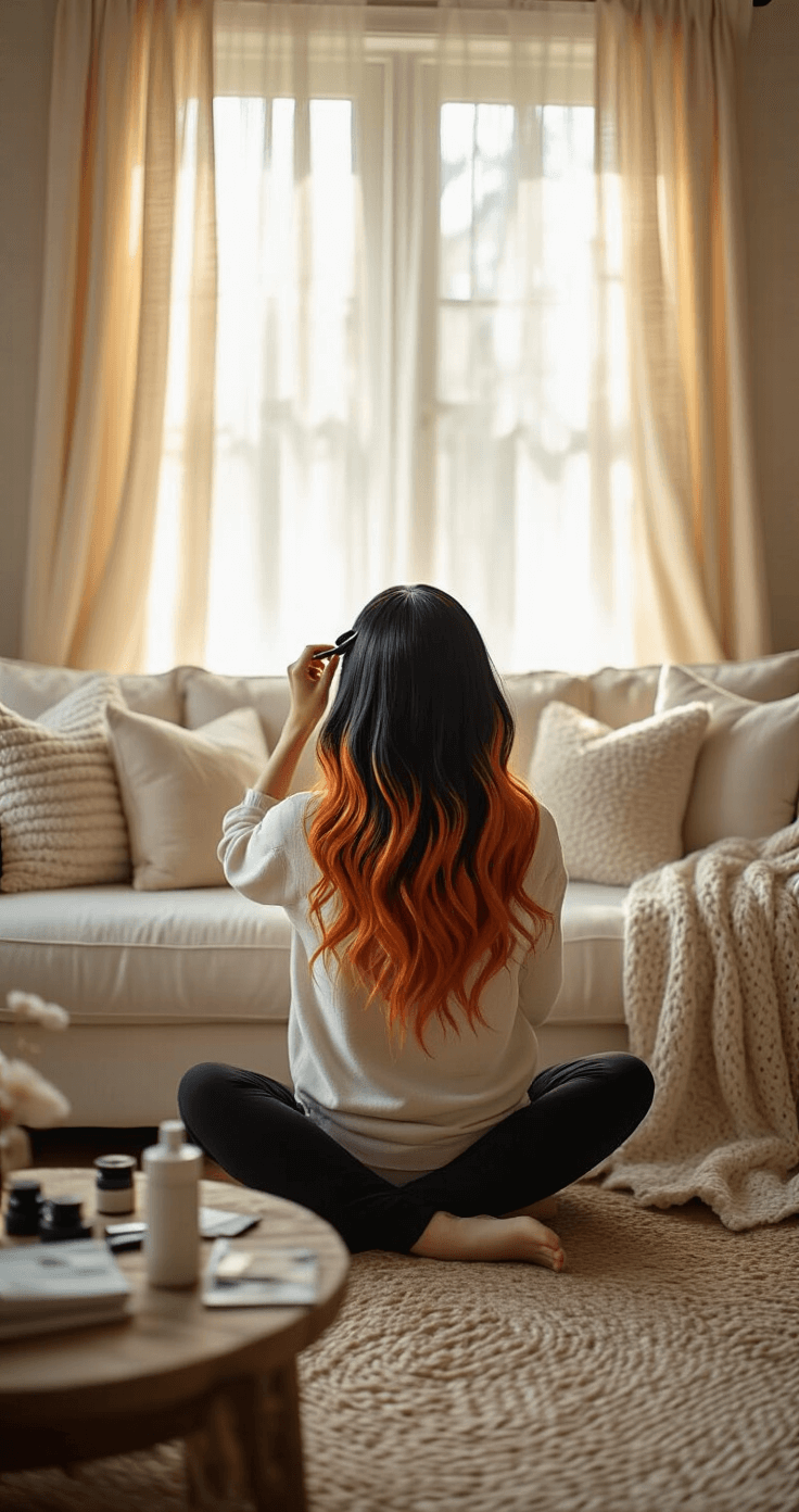 A woman in loungewear sits cross-legged on a cream sofa, styling her black and orange ombré wig in a cozy living room filled with soft textures and warm afternoon light.