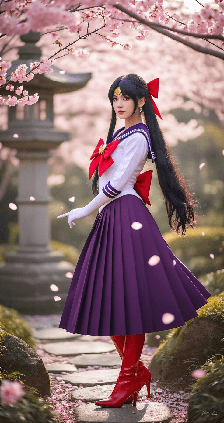 An elegant cosplayer embodying Sailor Mars in a serene Japanese garden, wearing a red and purple sailor uniform with a red bow, high-heeled boots, and a flowing pleated skirt, surrounded by drifting cherry blossom petals and a traditional stone lantern, captured in soft morning light.